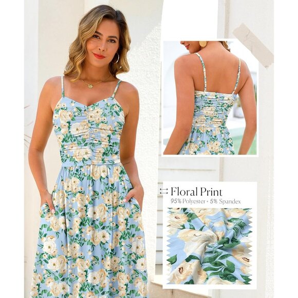 Women's Light Blue Floral Adjustable Spaghetti Strap Floral Beach Long Maxi - Picture 5 of 6